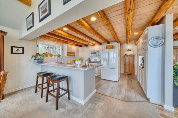 Interior, Kitchen, Recessed Lighting, Stainless Steel Appliances, Wooden Beams, Wooden Ceilings, Wood Texture Flooring