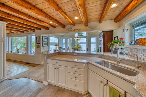 Chandelier, Interior, Kitchen, Recessed Lighting, Wooden Beams, Wooden Ceilings, Wood Texture Flooring