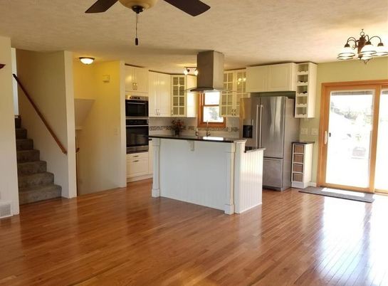 Chandelier, Interior, Kitchen, Stainless Steel Appliances, Wood Texture Flooring