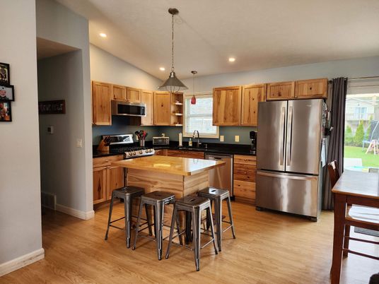 Interior, Kitchen, Pendant Lights, Recessed Lighting, Stainless Steel Appliances, Wood Texture Flooring