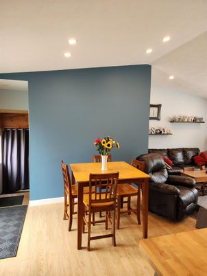 Dining room, Interior, Recessed Lighting, Wood Texture Flooring