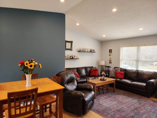 Dining room, Interior, Living room, Recessed Lighting, Wood Texture Flooring