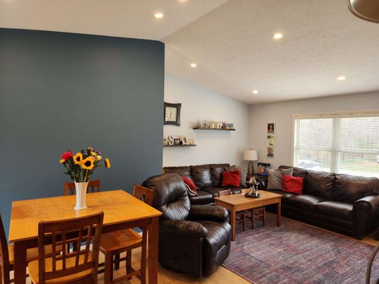 Dining room, Interior, Living room, Recessed Lighting, Wood Texture Flooring