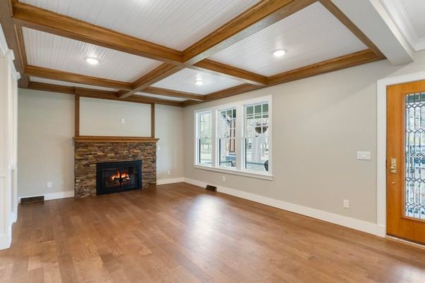 Empty room, Fireplace, Interior, Recessed Lighting, Wooden Beams, Wood Texture Flooring