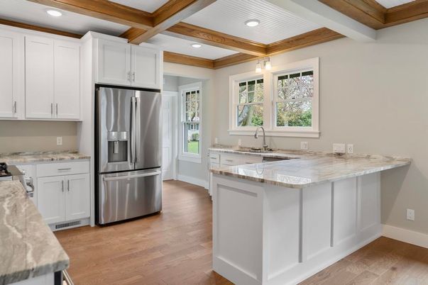 Interior, Kitchen, Recessed Lighting, Stainless Steel Appliances, Wooden Beams, Wood Texture Flooring