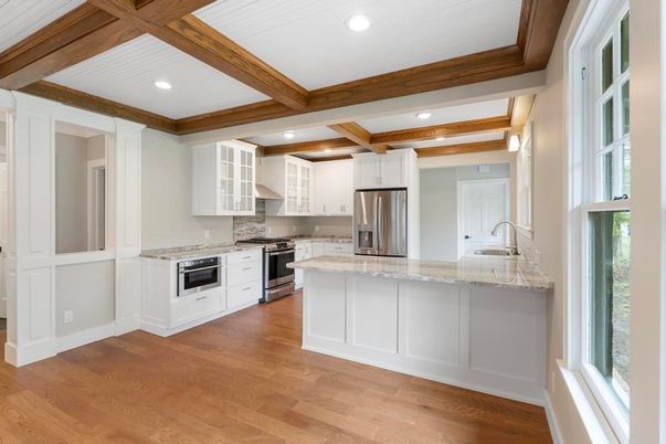 Interior, Kitchen, Recessed Lighting, Stainless Steel Appliances, Wooden Beams, Wood Texture Flooring