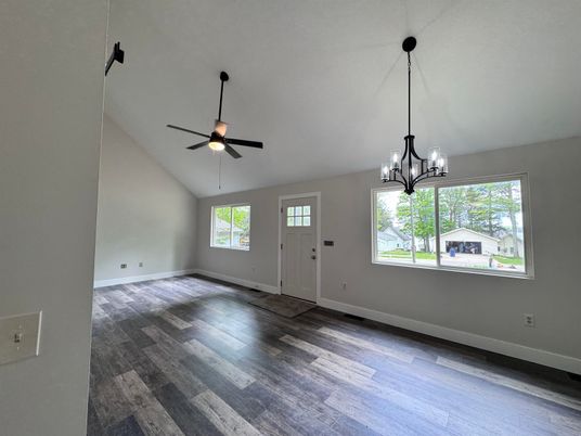Chandelier, Empty room, Interior, Pendant Lights, Wood Texture Flooring