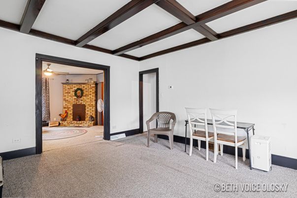 Dining room, Fireplace, Interior, Stone Walls, Wooden Beams