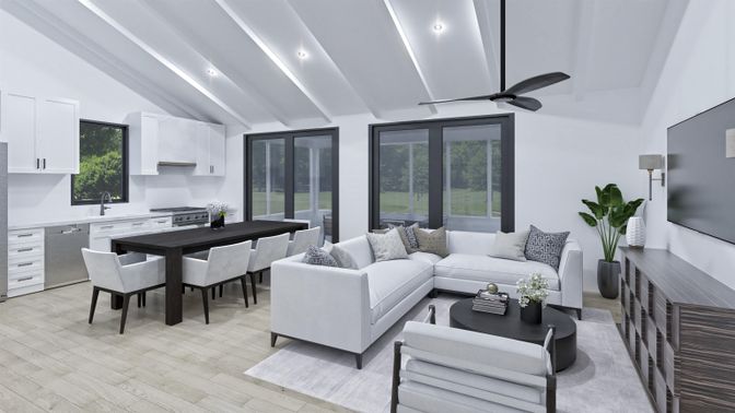 Dining room, Interior, Kitchen, Living room, Recessed Lighting, Wood Texture Flooring