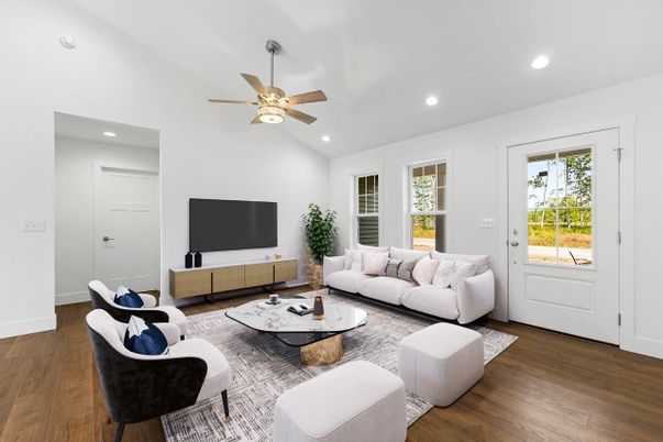 Interior, Living room, Recessed Lighting, Wood Texture Flooring