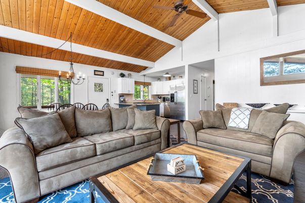 Dining room, Interior, Kitchen, Living room, Pendant Lights, Stainless Steel Appliances, Wooden Ceilings, Wood Texture Flooring