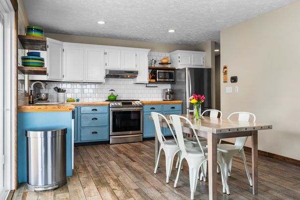 Dining room, Interior, Kitchen, Recessed Lighting, Stainless Steel Appliances, Wood Texture Flooring