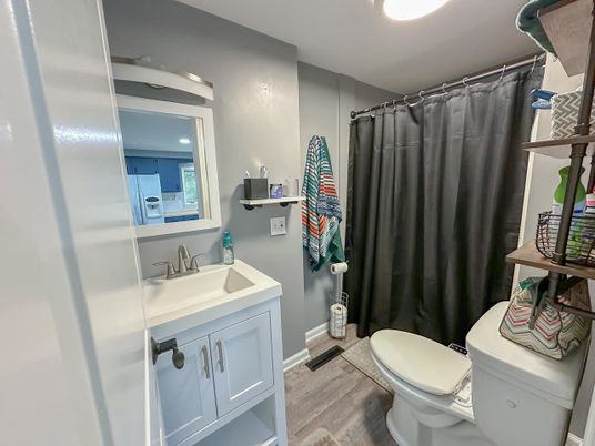 Bathroom, Interior, Recessed Lighting, Wood Texture Flooring