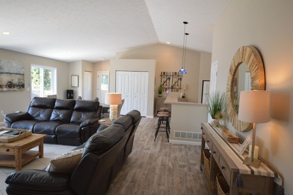 Interior, Living room, Pendant Lights, Recessed Lighting, Wood Texture Flooring