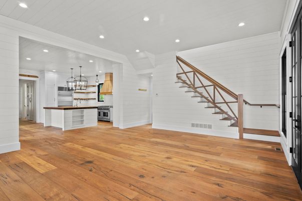 Empty room, Interior, Kitchen, Pendant Lights, Recessed Lighting, Wood Texture Flooring