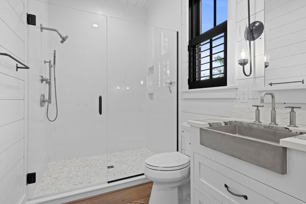 Bathroom, Glass Shower, Interior, Wood Texture Flooring