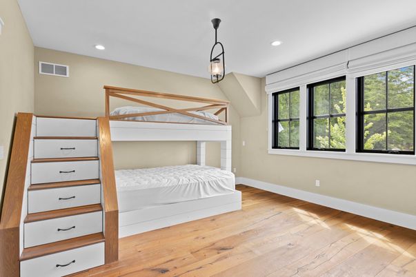 Bedroom, Interior, Pendant Lights, Recessed Lighting, Wood Texture Flooring