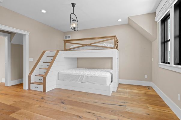 Bedroom, Interior, Pendant Lights, Recessed Lighting, Wood Texture Flooring