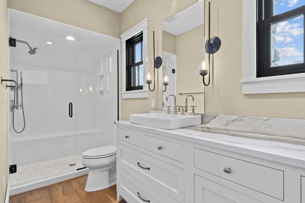Bathroom, Glass Shower, Interior, Recessed Lighting, Wood Texture Flooring