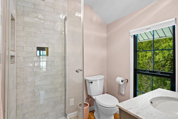 Bathroom, Glass Shower, Interior, Stone Walls, Wood Texture Flooring