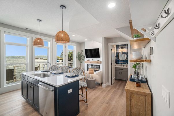 Fireplace, Interior, Kitchen, Pendant Lights, Recessed Lighting, Water, Wood Texture Flooring