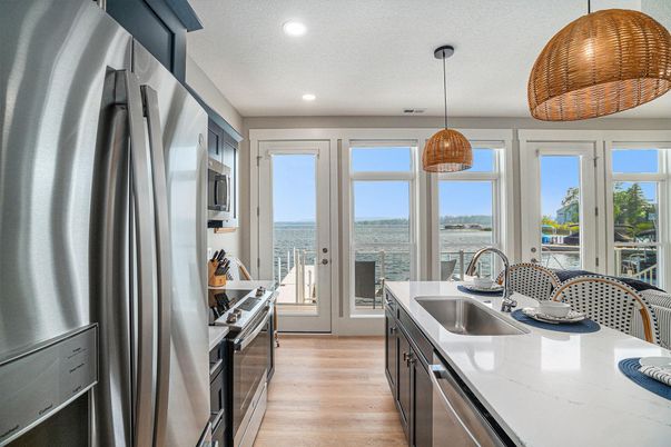 Interior, Kitchen, Pendant Lights, Recessed Lighting, Stainless Steel Appliances, Water, Wood Texture Flooring