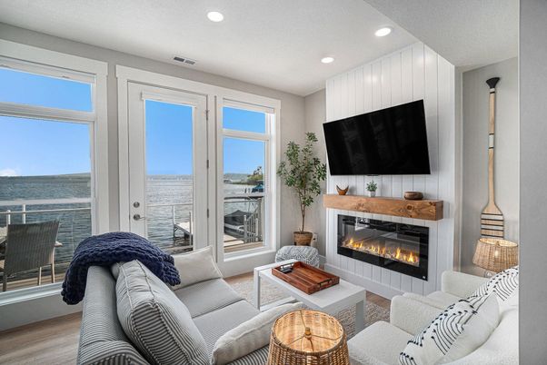 Fireplace, Interior, Living room, Recessed Lighting, Water, Wood Texture Flooring