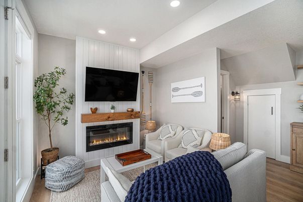 Fireplace, Interior, Living room, Recessed Lighting, Wood Texture Flooring
