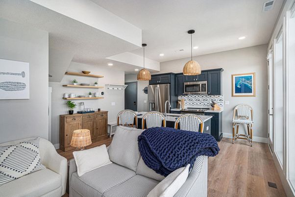 Interior, Kitchen, Living room, Pendant Lights, Recessed Lighting, Stainless Steel Appliances, Wood Texture Flooring