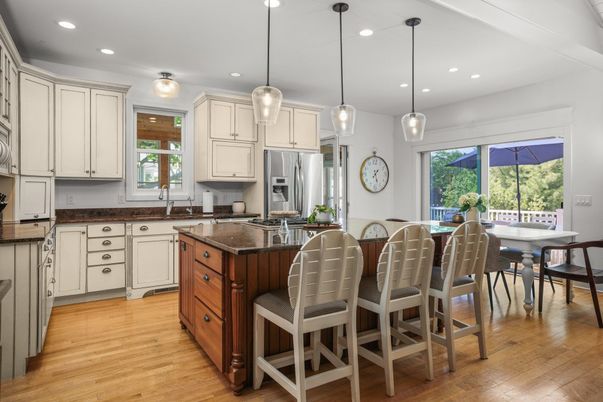 Dining room, Interior, Kitchen, Pendant Lights, Recessed Lighting, Stainless Steel Appliances, Wood Texture Flooring