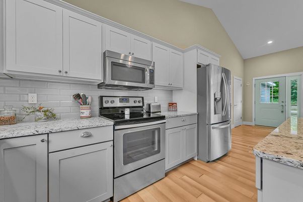 Interior, Kitchen, Recessed Lighting, Stainless Steel Appliances, Wood Texture Flooring