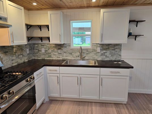 Interior, Kitchen, Recessed Lighting, Stainless Steel Appliances, Wooden Ceilings, Wood Texture Flooring