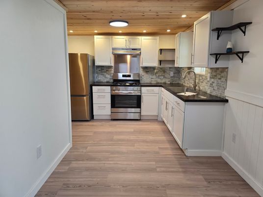 Interior, Kitchen, Recessed Lighting, Stainless Steel Appliances, Wooden Ceilings, Wood Texture Flooring
