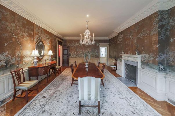 Chandelier, Dining room, Fireplace, Interior, Recessed Lighting, Wood Texture Flooring