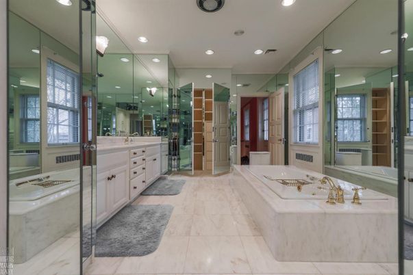 Bathroom, Dual Sink Vanities, Glass Shower, Interior, Marble, Recessed Lighting