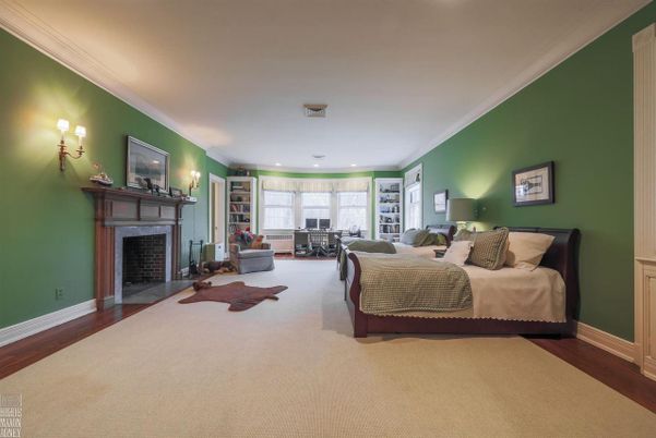 Bedroom, Fireplace, Interior, Recessed Lighting, Wood Texture Flooring