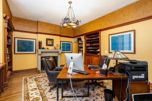 Fireplace, Home Office, Interior, Pendant Lights, Wood Texture Flooring