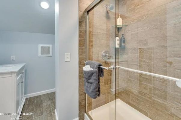 Bathroom, Glass Shower, Interior, Recessed Lighting, Wood Texture Flooring