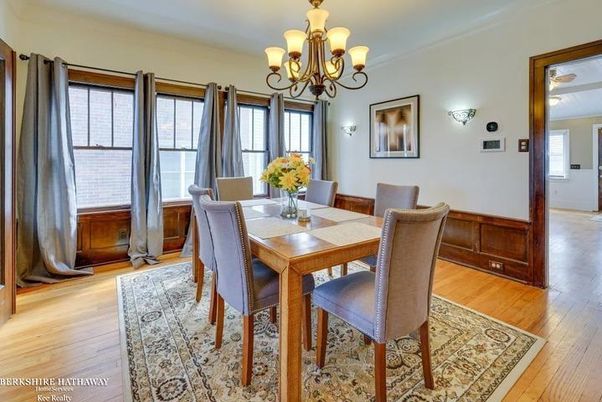 Chandelier, Dining room, Interior, Wood Texture Flooring
