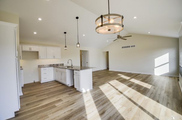 Interior, Kitchen, Pendant Lights, Recessed Lighting, Wood Texture Flooring