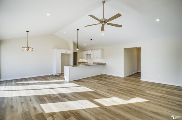 Empty room, Interior, Kitchen, Pendant Lights, Recessed Lighting, Wood Texture Flooring