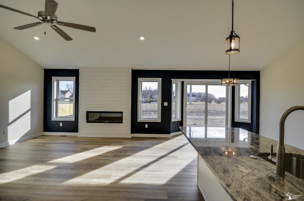 Fireplace, Interior, Pendant Lights, Recessed Lighting, Wood Texture Flooring