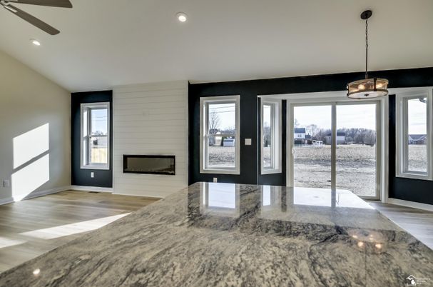 Fireplace, Interior, Pendant Lights, Recessed Lighting, Wood Texture Flooring