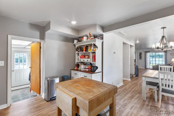 Dining room, Interior, Pendant Lights, Recessed Lighting, Wood Texture Flooring
