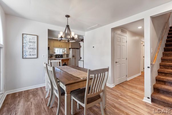 Chandelier, Dining room, Interior, Kitchen, Recessed Lighting, Wood Texture Flooring