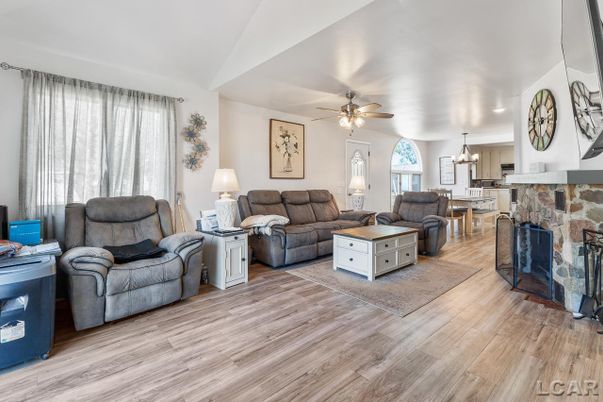 Dining room, Fireplace, Interior, Living room, Pendant Lights, Wood Texture Flooring