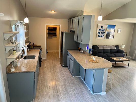 Interior, Kitchen, Living room, Pendant Lights, Recessed Lighting, Wood Texture Flooring