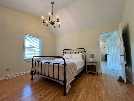Bedroom, Chandelier, Interior, Wood Texture Flooring