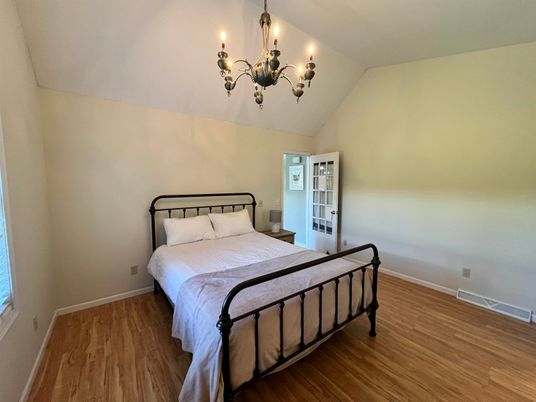 Bedroom, Chandelier, Interior, Wood Texture Flooring