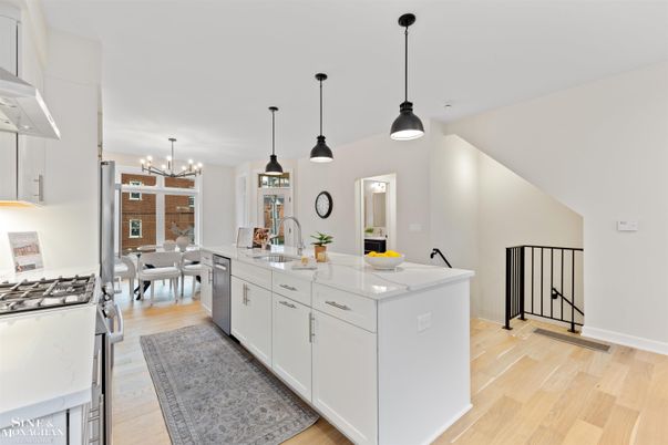 Dining room, Interior, Kitchen, Pendant Lights, Wood Texture Flooring